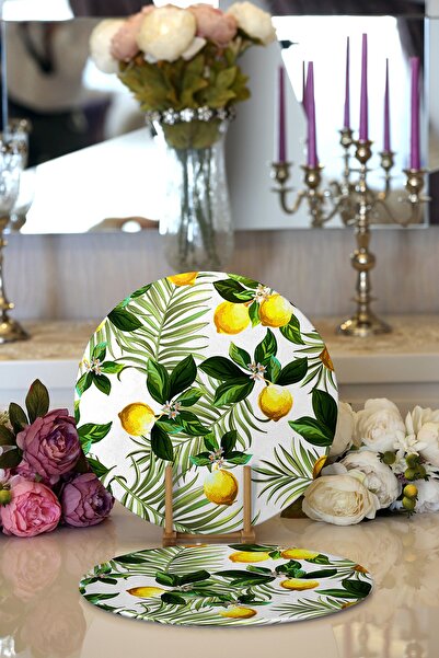 Realhomes 2'li Limon Yaprakları Desenli Dijital Baskılı Modern Yuvarlak Supla...