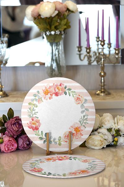 Realhomes 2-Piece Flower Motif Think Happy Digital Printed Modern Round Plate & Placemat