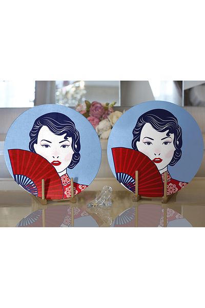 Realhomes 2 bucăți roșu evantai albastru cu podea japonez pentru femei rotunde moderne și placemat