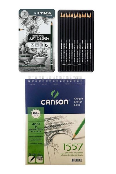 Canson Professional Drawing Set A5 Sketch and Lyra Rembrandt Art Design Graduated Pencil Set 12 Pieces Metal Box