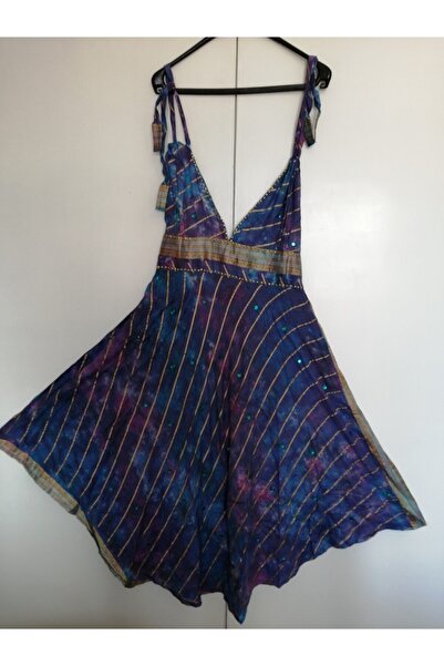 Butik Tülin Otantik Pamuk Mor Turkuaz Altın Sim Baskılı Taşlı Batik Elbise