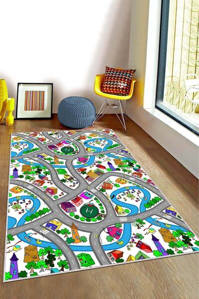 NeluxHome Kaymaz Taban Makinede Yıkanan Otoyollar Çocuk Oyun Halısı Kd068