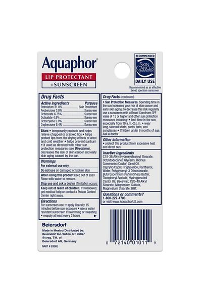 Aquaphor Spf30 Sunscreen Lip Cream 10ml