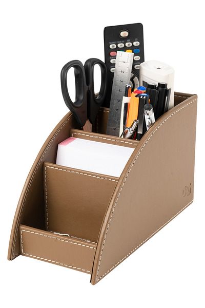 2K Pen Holder and Remote Control Faux Leather Desktop Organizer with 4 Compartments 21.5x10x12.5 Cm