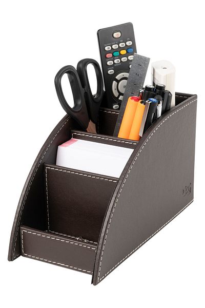 2K Pen Holder and Remote Control Faux Leather Desktop Organizer with 4 Compartments 21.5x10x12.5 Cm