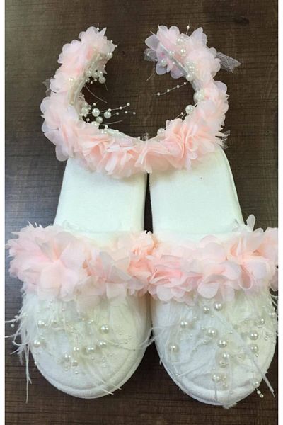 Hüner aksesuar Lohusam White Pearl Powder Pink Flower Decorated Maternity Slippers Crown Set 2020 – Maternity Set – Lo