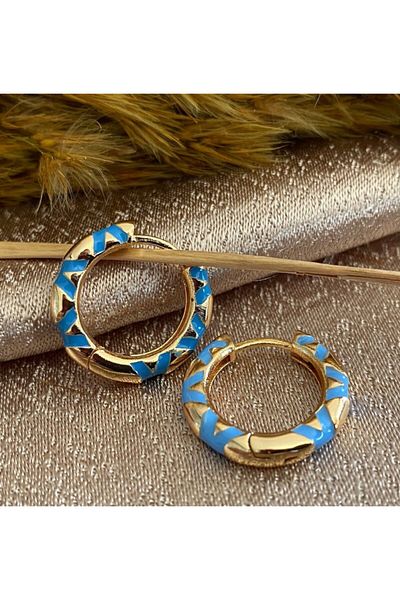 Markiz Takı Gold Blue Pattern Hoop Earrings (Inner Diameter 1.5 Cm)
