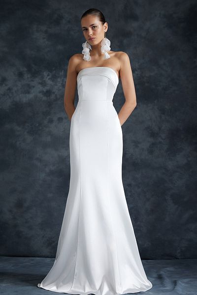 Trendyol Collection Булчинска бяла рибка плетена дълга сватбена/вечерна рокля Nika TPRSS24AE00024