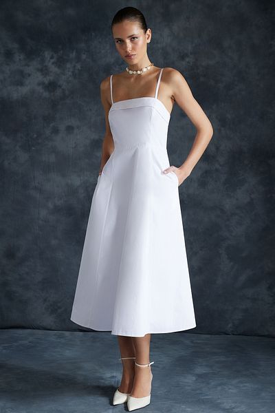 Trendyol Collection Fustă albă cu deschidere în talie 100% bumbac popelin rochie împletită midi TWOSS24EL00031