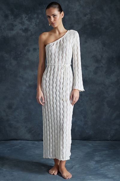 Trendyol Collection Max Knitwear Look Beiges One-Shoulder-Strandkleid - Mit Gürtel, tailliert TBESS24EL00025