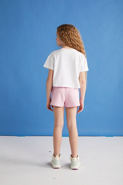 GRIMELANGE BITTEN-GRM24024 Kurzarm-T-Shirt für Mädchen mit Aufdruck und kontrastfarbenem Kragen, 100 % Baumwolle, Rosa