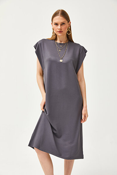 Olalook Kadın Füme Koltuk Altı Parçalı Arkası Yırtmaçlı Kristal Elbise ELB-19002085