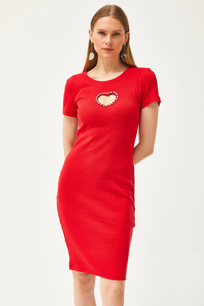 Olalook Women's Red Heart Low-cut Stone Garnish Lycra Mini Cotton Dress ELB-19002065
