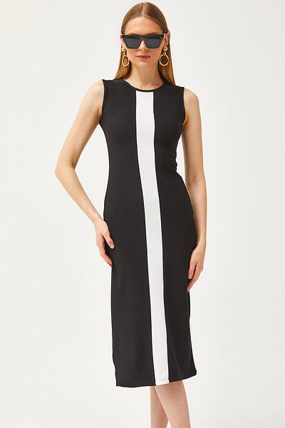 Olalook Rochie otomană subțire cu snur din Lycra cu dungi groase alb-negru pentru femei ELB-19002082