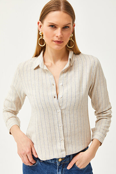 Olalook Women's Stone Blue Striped Linen Shirt GML-19001176