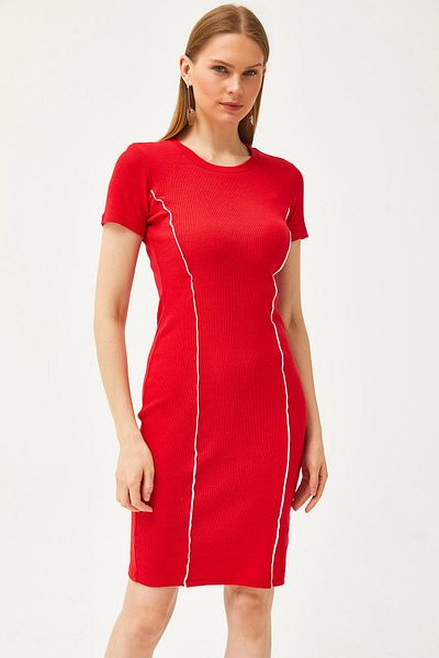 Olalook Women's Red Stripe Detailed Lycra Mini Cotton Dress ELB-19002066