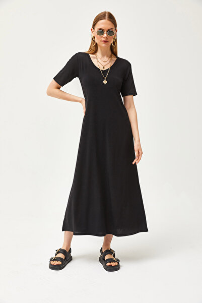 Olalook Dámské černé ležérní maxi šaty s výstřihem do V ELB-19002076