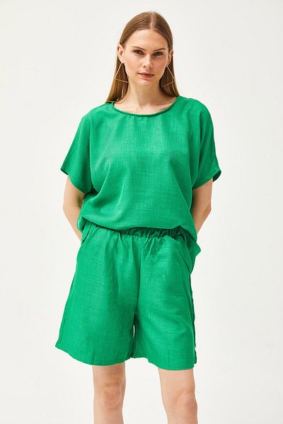 Olalook Women's Grass Green Top Casual Blouse Bottom Pocket Shorts Linen Look Suit Tkm-19000268