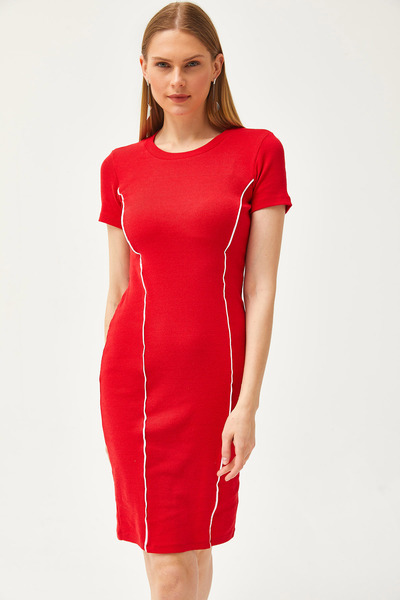 Olalook Women's Red Stripe Detailed Lycra Mini Cotton Dress ELB-19002066