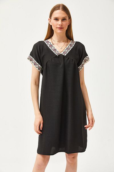 Olalook Schwarzes Kleid mit Kragen und Spitze und Leinenanteil für Damen ELB-19002077