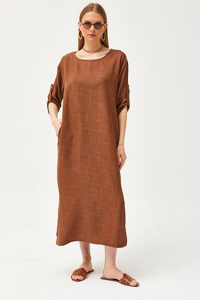 Olalook Women's Tan Pocket Slit Linen Casual Dress ELB-19002074