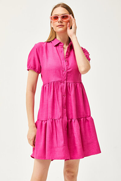 Olalook Women's Fuchsia Piece Linen Shirt Dress ELB-19002075
