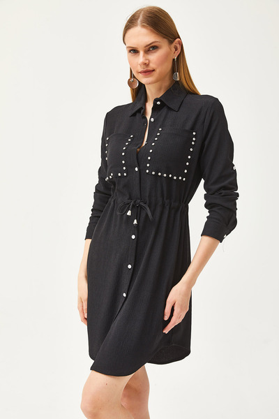 Olalook Women's Black Pocketed Waist Lace-up Stone Detailed Shirt Dress ELB-19002064