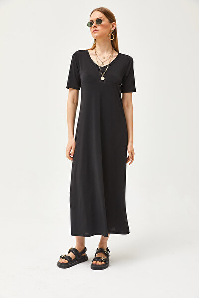 Olalook Dámské černé ležérní maxi šaty s výstřihem do V ELB-19002076