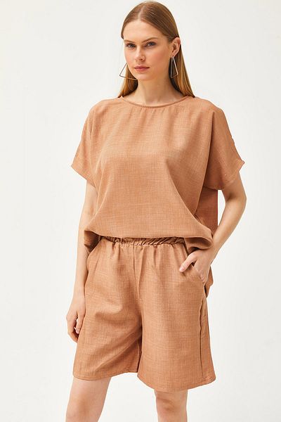 Olalook Women's Camel Top Loose Blouse Bottom Pocket Shorts Linen Look Suit Tkm-19000268