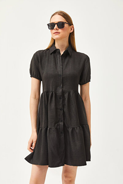 Olalook Dámské černé lněné košilové šaty ELB-19002075