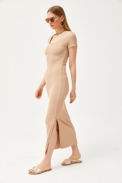 Olalook Dámské velbloudí šaty s výstřihem do U a výstřihem do U, tenké osmanské šaty s žebrovaným rozparkem ELB-19002080