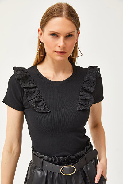 Olalook Dámská černá bavlněná halenka s krátkým rukávem s krátkým rukávem BLZ-19002537