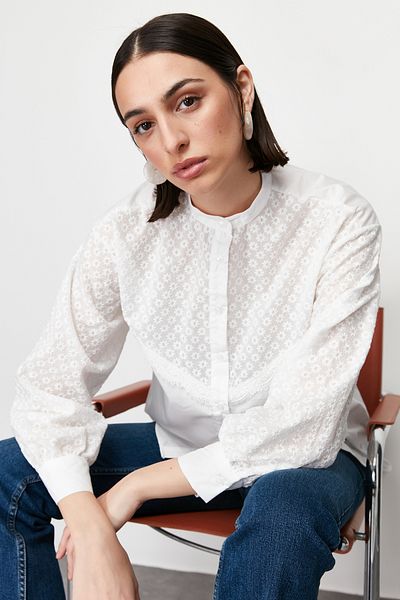 Trendyol Modest Ecru Brode Lace Detailed Cotton Woven Shirt TCTSS24TG00028