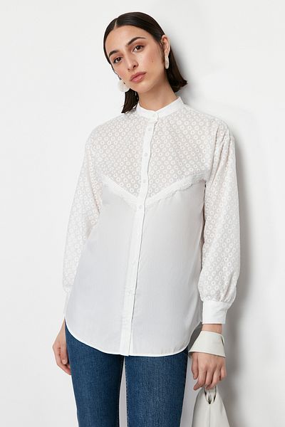 Trendyol Modest Ecru Brode Lace Detailed Cotton Woven Shirt TCTSS24TG00028