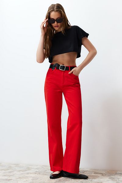 Trendyol Collection Piros, magas derekú széles szárú farmernadrág TWOSS24JE00228