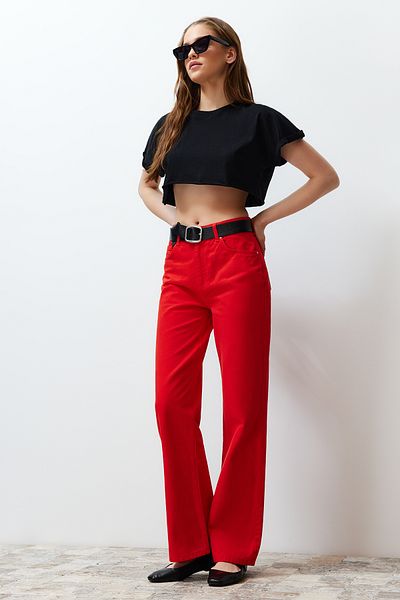 Trendyol Collection Piros, magas derekú széles szárú farmernadrág TWOSS24JE00228