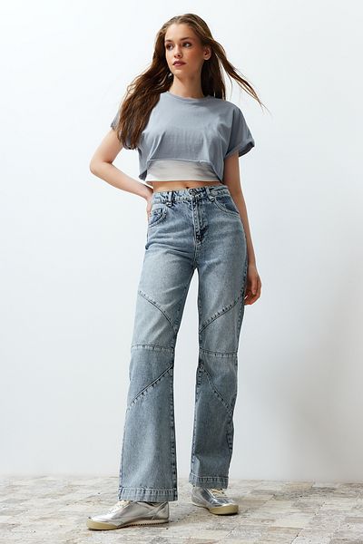 Trendyol Collection Blue Stitching Detailed High Waist Wide Leg Jeans TWOSS24JE00186