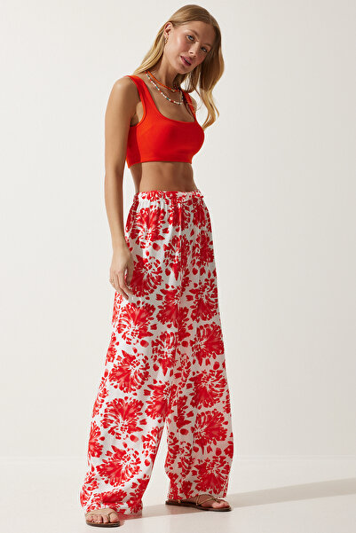 Happiness İstanbul Dámské Ecru červené letní volné viskózové kalhoty s vysokým pasem BH00354