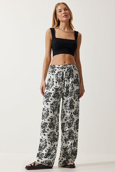 Happiness İstanbul Ecru-schwarze Sommerhose aus Viskose mit hoher Taille für Damen BH00354