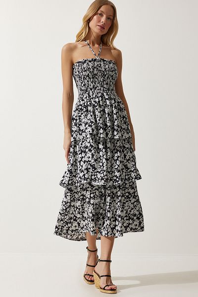 Happiness İstanbul Damen-Sommerkleid aus Viskose mit Blumenmuster in Schwarz UB00226