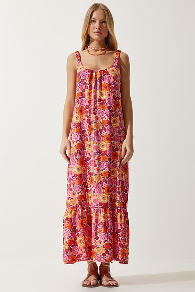 Happiness İstanbul Rochie tricotată lungă cu model portocaliu cu bretele elastice pentru femei UB00242
