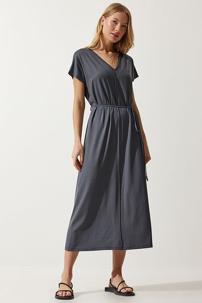 Happiness İstanbul Women's Anthracite Belted V-Neck Viscose Dress UB00240