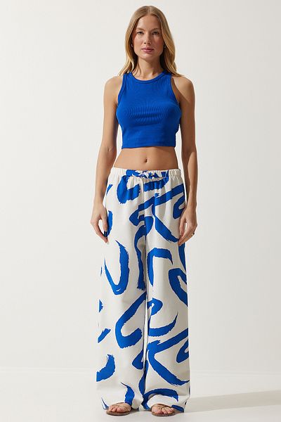 Happiness İstanbul Women's White Blue Patterned Raw Linen Palazzo Trousers BH00397