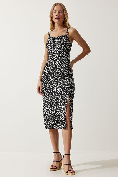 Happiness İstanbul Gemustertes Strickkleid mit zwei Trägern in Schwarz und Weiß für Damen MC00262