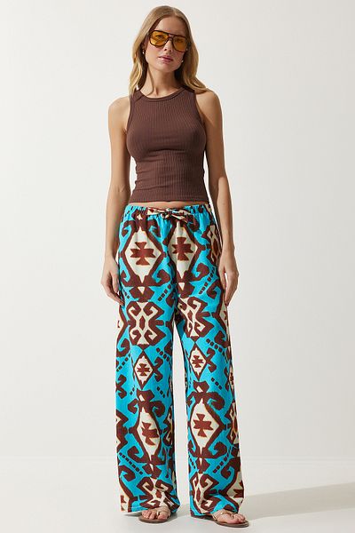 Happiness İstanbul Türkis gemusterte Palazzo-Hose aus Rohleinen für Damen BH00397