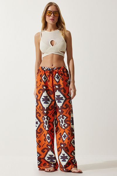 Happiness İstanbul Women's Orange Patterned Raw Linen Palazzo Pants BH00397