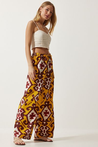 Happiness İstanbul Senfgelbe Palazzo-Hose aus Rohleinen für Damen BH00397