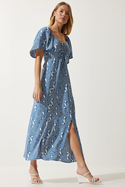 Happiness İstanbul Női indigókék hasított, részletezett flounce viszkóz ruha UB00247