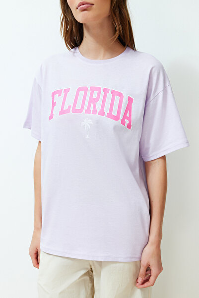 Trendyol Collection Πλεκτό μπλουζάκι λιλά Oversize με λαιμόκοψη με κοντό μανίκι TWOSS24TS00142