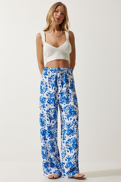 Happiness İstanbul Damen-Hose aus ecrublauer, hoch taillierter, lockerer Viskose für den Sommer BH00354